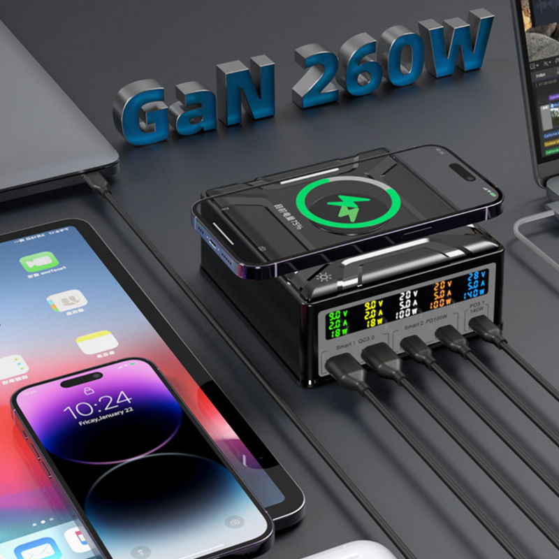 Chargez l'image dans la visionneuse de la galerie, [868D] Universal Phone Tablet Laptop MacBook 260W GaN PD+QC 5 Port USB Type-C Wall Charger Desktop Home Office Wireless Charging Station Power Adapter (AU Plug) - Polar Tech Australia
