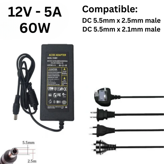 [12V-5A/60W][5.5x2.5 & 5.5x2.1] Universal Computer/Monitor/LED Strip/Light Module/Speaker/CCTV/Router/Camera Power Supply Adapter Wall Charger - Polar Tech Australia