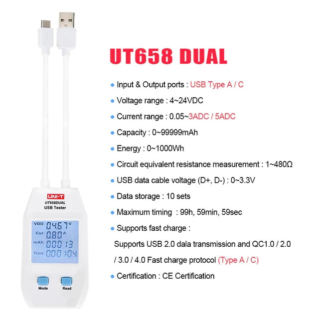 Load image into Gallery viewer, [UT658DUAL] UNI-T USB Tester Charger Type A/C Fast Charge Current Capacity Energy Resistance Tester USB Power Meter - Polar Tech Australia
