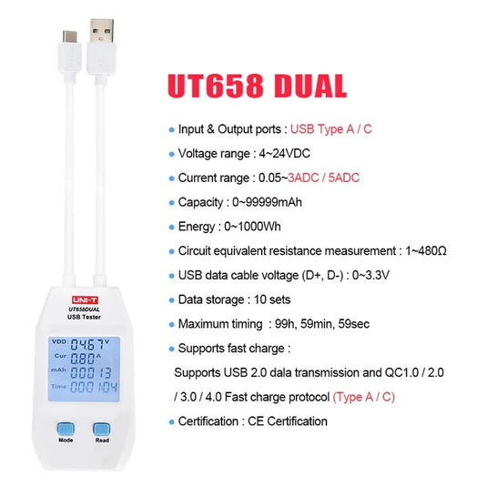 [UT658DUAL] UNI-T USB Tester Charger Type A/C Fast Charge Current Capacity Energy Resistance Tester USB Power Meter - Polar Tech Australia