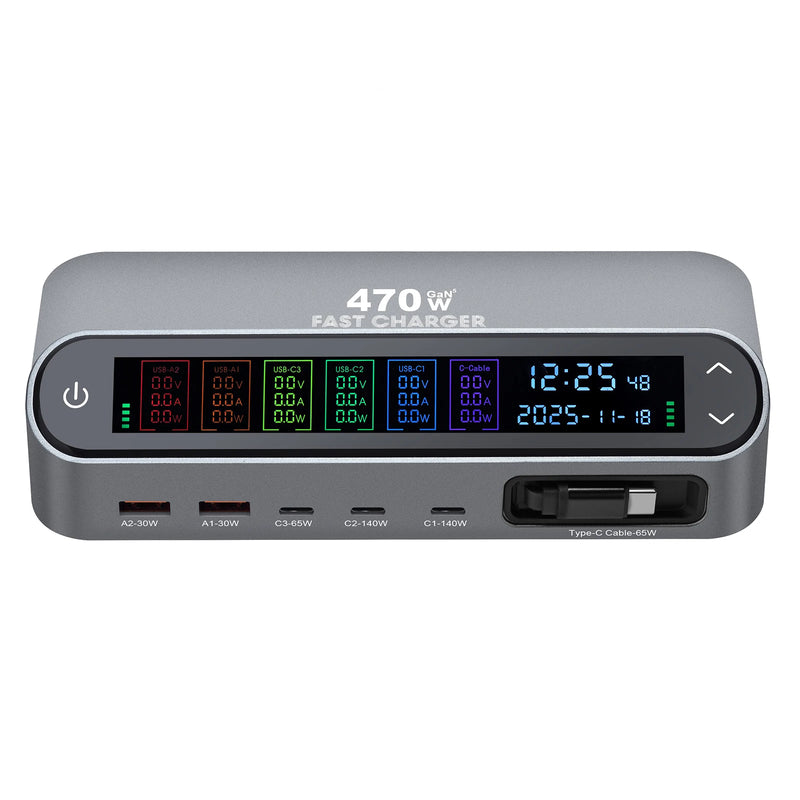 Load image into Gallery viewer, [470W GaN][SAA Approved][Built-in Cable] LCD Display Universal Phone Tablet Laptop MacBook (4*PD+2*QC) 5 Ports USB Type-C Wall Charger Desktop Home Office Charging Station Power Adapter (AU Plug) - Polar Tech Australia
