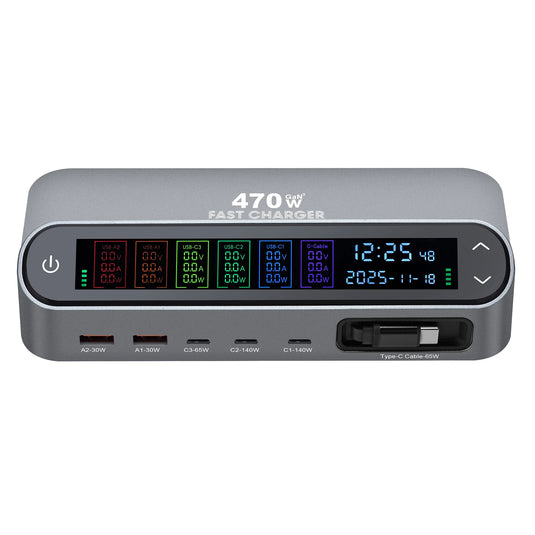 [470W GaN][SAA Approved][Built-in Cable] LCD Display Universal Phone Tablet Laptop MacBook (4*PD+2*QC) 5 Ports USB Type-C Wall Charger Desktop Home Office Charging Station Power Adapter (AU Plug) - Polar Tech Australia