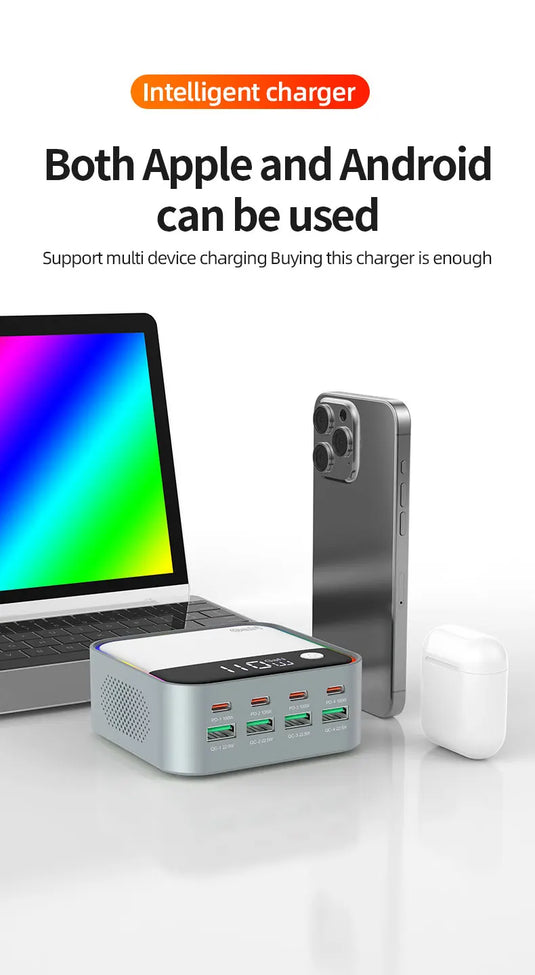 [120W GaN][RGB Light] Universal Phone Tablet Laptop MacBook PD+QC 8 Ports USB Type-C Wall Charger Desktop Home Office Charging Station Power Adapter (AU Plug) - Polar Tech Australia