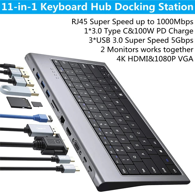 Chargez l&#39;image dans la visionneuse de la galerie, [11-in-1][With keyboard] Type C USB 3.0 HDMI DP Ethernet PD 100W  – Computer Port Expansion with Multiple Interfaces (COMBO Card Reader + HUB) Dock Station - Polar Tech Australia
