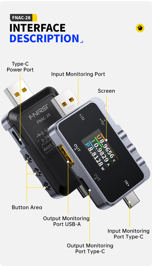 [FNAC-28] FNIRSI 2 IN 1 Type-C USB Tester Digital Voltmeter Ammeter Amperimetor Voltage Current Meter Power Bank Charger Measure - Polar Tech Australia