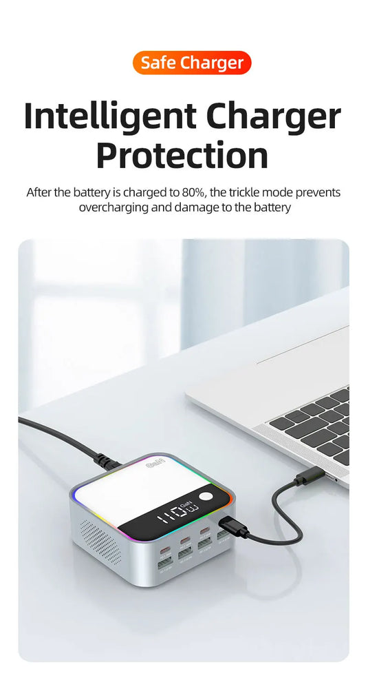 [120W GaN][RGB Light] Universal Phone Tablet Laptop MacBook PD+QC 8 Ports USB Type-C Wall Charger Desktop Home Office Charging Station Power Adapter (AU Plug) - Polar Tech Australia