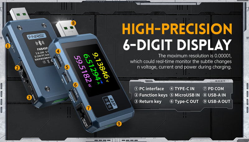 Chargez l&#39;image dans la visionneuse de la galerie, [FNB48P] FNIRSI USB Tester with Bluetooth Voltmeter Ammeter TYPE-C Fast Charge Detection Trigger Capacity Ripple Measurement with CNC Metal Shell - Polar Tech Australia
