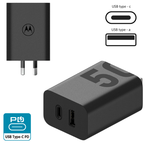 Motorola TurboPower Share 50W GaN Charger PD Type-C & USB Dual Port Wall Travelling Charger Adapter -  (SAA Approved/AU Plug) - Polar Tech Australia