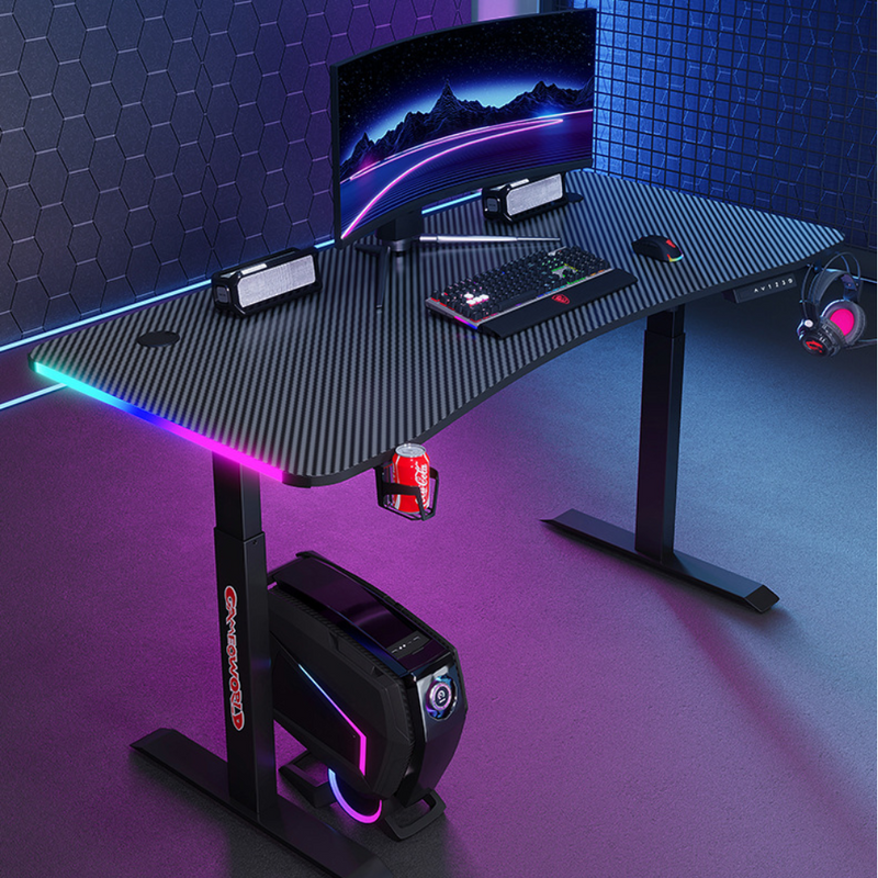 Cargue la imagen en el visor de la galería, [Motorized Adjustable] Large Gaming Desk Table with RBG LED Lights Carbon Fiber Surface with Cup Holder &amp; Headphone Hook - Polar Tech Australia
