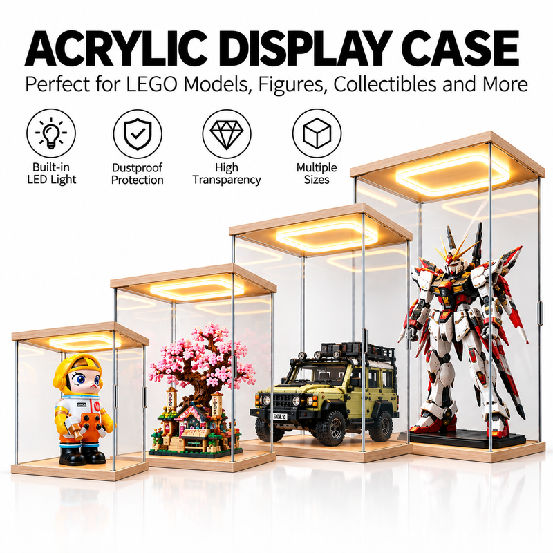 Load image into Gallery viewer, Clear Stackable Acrylic Display Case with LED Light – Dustproof Display Box for LEGO Models, Figures, Collectibles &amp; Building Blocks
