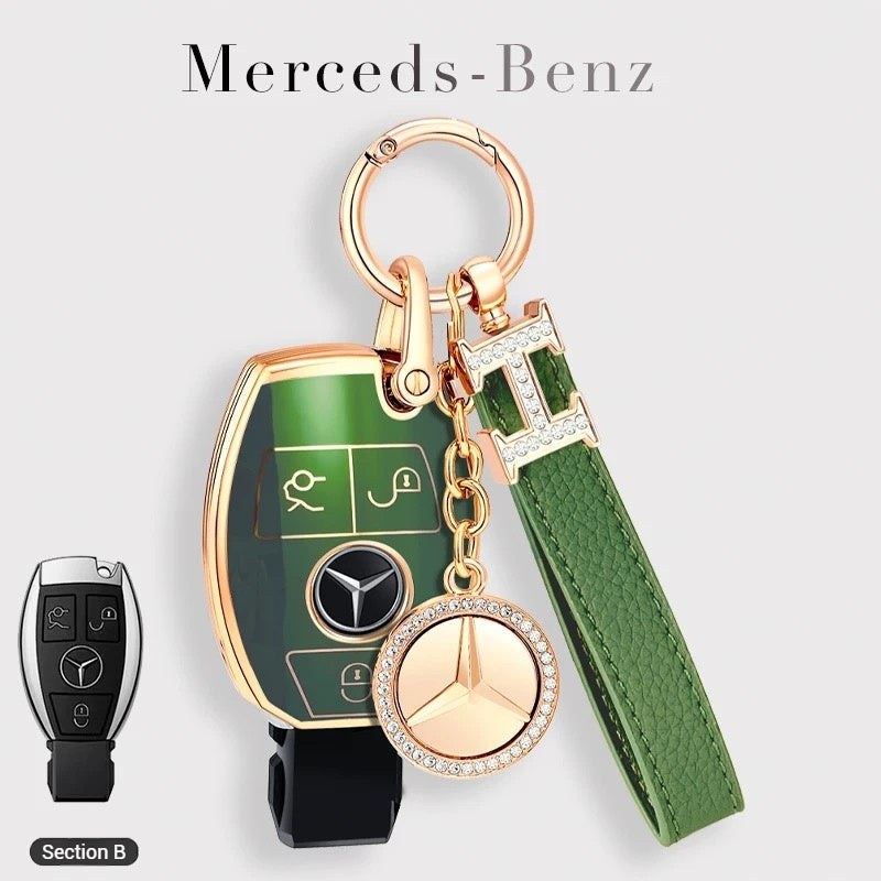 Cargue la imagen en el visor de la galería, Mercedes Benz Fashionable TPU + Aluminum alloy + Leather Car Key Fob Case Cover For Benz C, E, S, G-Class, GLE, GLC, CLA, CLS, EQC, ML, GL, EQS
