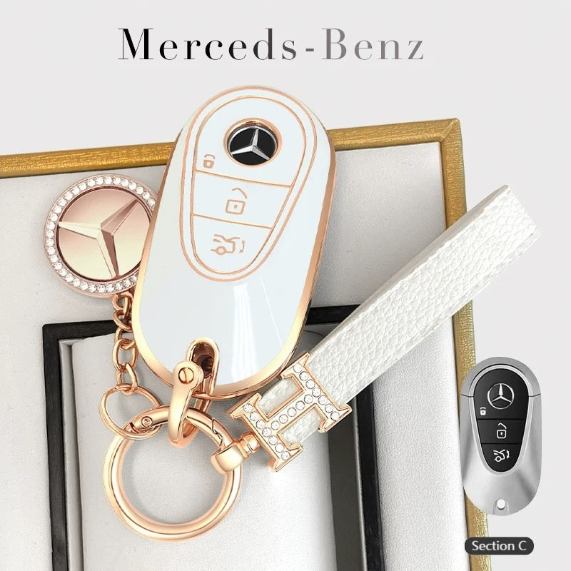 Cargue la imagen en el visor de la galería, Mercedes Benz Fashionable TPU + Aluminum alloy + Leather Car Key Fob Case Cover For Benz C, E, S, G-Class, GLE, GLC, CLA, CLS, EQC, ML, GL, EQS
