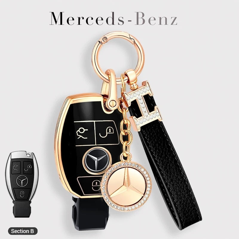 Cargue la imagen en el visor de la galería, Mercedes Benz Fashionable TPU + Aluminum alloy + Leather Car Key Fob Case Cover For Benz C, E, S, G-Class, GLE, GLC, CLA, CLS, EQC, ML, GL, EQS
