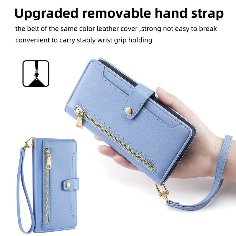 Load image into Gallery viewer, [With Card Slot] Apple iPhone 16/E/Plus/Pro/Max - Multi-Function Flip Leather Zipper Wallet Case With Wrist &amp; Shoulder Strap
