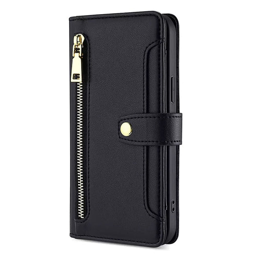 [With Card Slot] Apple iPhone 16/E/Plus/Pro/Max - Multi-Function Flip Leather Zipper Wallet Case With Wrist & Shoulder Strap