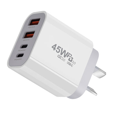 [PT-45W] 45W PD Type-C + QC 3.0 USB 4 Port Wall Travelling Charger Adapter -  (SAA Approved/AU Plug)