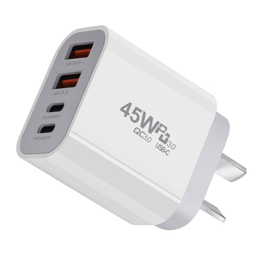 [PT-45W] 45W PD Type-C + QC 3.0 USB 4 Port Wall Travelling Charger Adapter -  (SAA Approved/AU Plug)