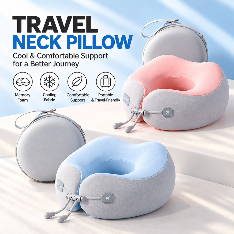 Cargue la imagen en el visor de la galería, Cooling Memory Foam Travel Neck Pillow – Ergonomic U-Shaped Airplane Pillow with Portable Storage Case, Soft Ice Silk Fabric &amp; Adjustable Neck Support - Polar Tech Australia
