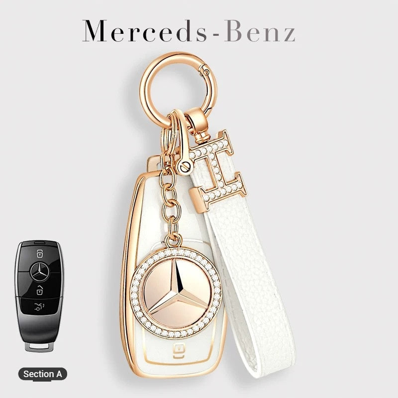 Cargue la imagen en el visor de la galería, Mercedes Benz Fashionable TPU + Aluminum alloy + Leather Car Key Fob Case Cover For Benz C, E, S, G-Class, GLE, GLC, CLA, CLS, EQC, ML, GL, EQS
