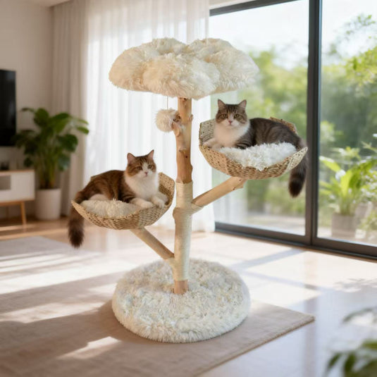 Luxury Multi-Level Cloud Cat Tree – Natural Fruitwood Rattan All-in-One Cat Bed & Climbing Frame