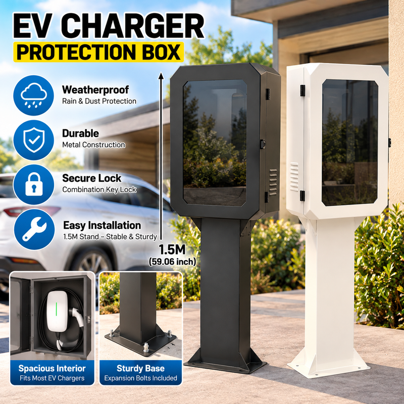 Cargue la imagen en el visor de la galería, Outdoor EV Charger Protection Box with 1.5M Freestanding Stand – Lockable Metal Enclosure with Tinted Window, Black/White
