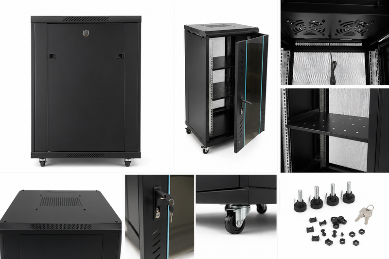 Cargue la imagen en el visor de la galería, [Assembled][Built-in Fan] 18U 22U 27U Heavy Duty Network Server CCTV PoE Switch Free Standing Cabinet Rack Lockable Enclosure
