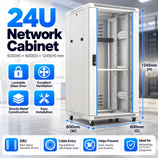 [Assembled] 24U Heavy Duty Commercial Grade Wall Mount & Free Standing Network Server CCTV PoE Switch Cabinet Rack Lockable Enclosure - Polar Tech Australia
