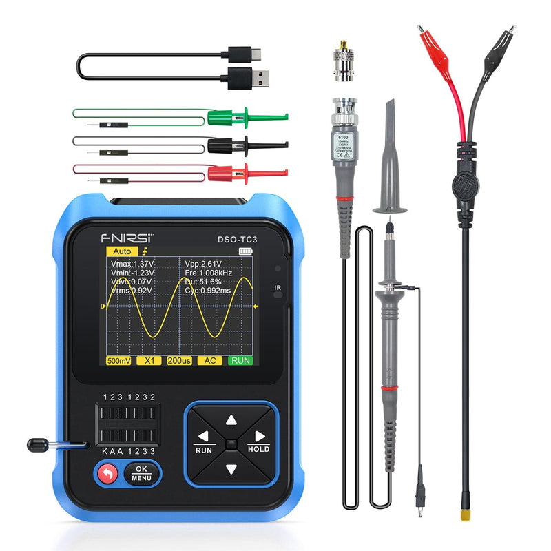 Cargue la imagen en el visor de la galería, [DSO-TC3] FNIRSI Digital Oscilloscope Transistor Tester Signal Generator 3 in1 500Khz 10MSa/s Capacitor Resistor Diode 100K output - Polar Tech Australia
