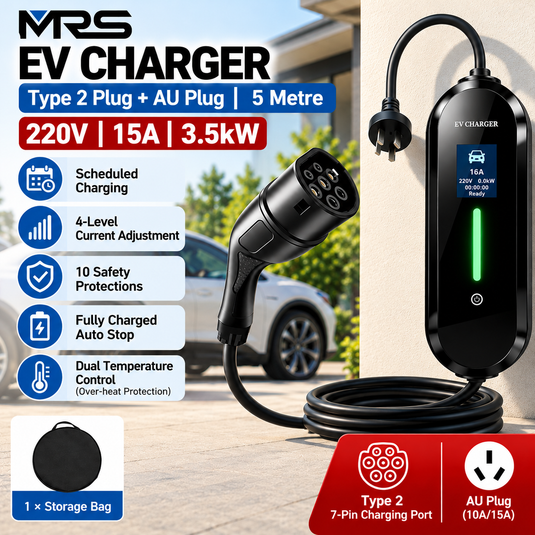 MRS Portable EV Charger Type 2 / 3.5kW 15A 5M Cable – Adjustable Current, Scheduled Charging, Australian Plug