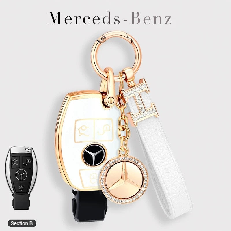 Cargue la imagen en el visor de la galería, Mercedes Benz Fashionable TPU + Aluminum alloy + Leather Car Key Fob Case Cover For Benz C, E, S, G-Class, GLE, GLC, CLA, CLS, EQC, ML, GL, EQS
