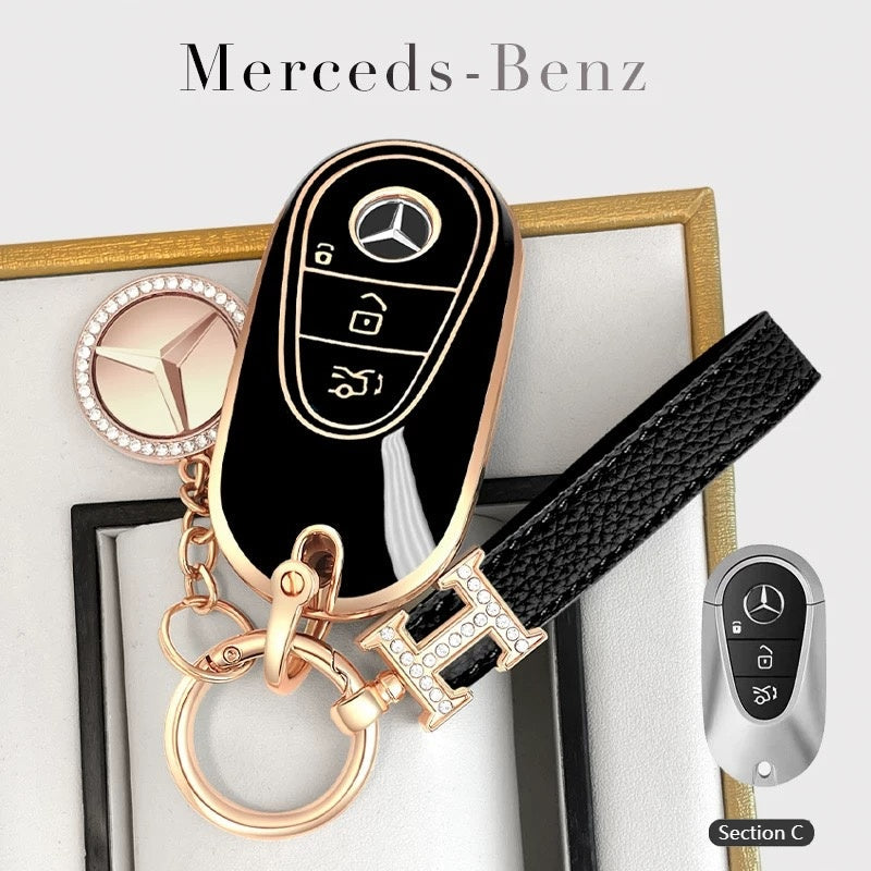 Cargue la imagen en el visor de la galería, Mercedes Benz Fashionable TPU + Aluminum alloy + Leather Car Key Fob Case Cover For Benz C, E, S, G-Class, GLE, GLC, CLA, CLS, EQC, ML, GL, EQS
