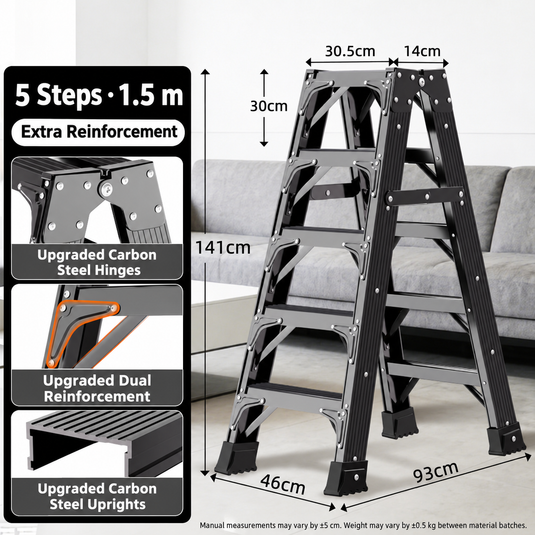 Heave Duty Black Carbon Steel Dual Sided Anti-Slip Step Leaning Ladder 150KG
