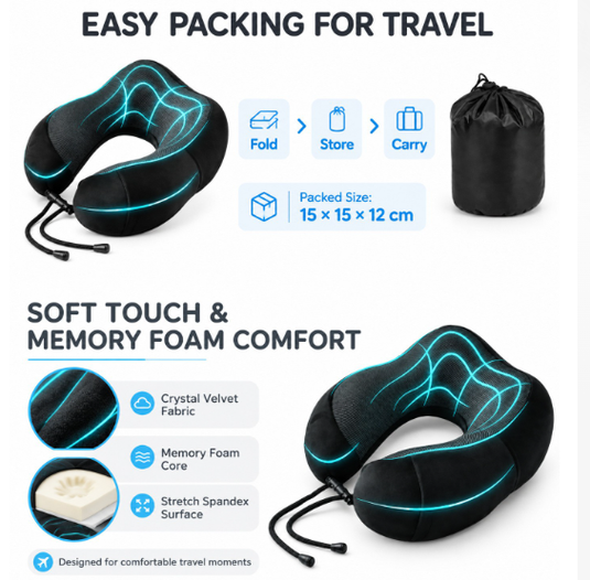 Ergonomic Memory Foam Travel Neck Pillow with Eye Mask, Earplugs & Carry Case – Adjustable Neck Support for Airplane, Car & Travel - Polar Tech Australia