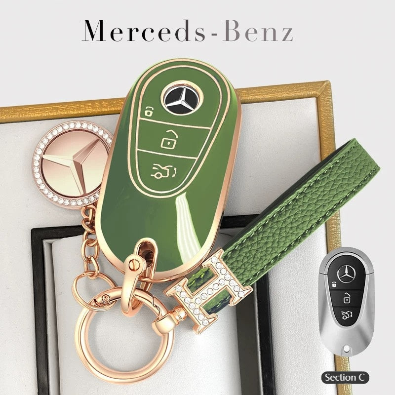 Cargue la imagen en el visor de la galería, Mercedes Benz Fashionable TPU + Aluminum alloy + Leather Car Key Fob Case Cover For Benz C, E, S, G-Class, GLE, GLC, CLA, CLS, EQC, ML, GL, EQS
