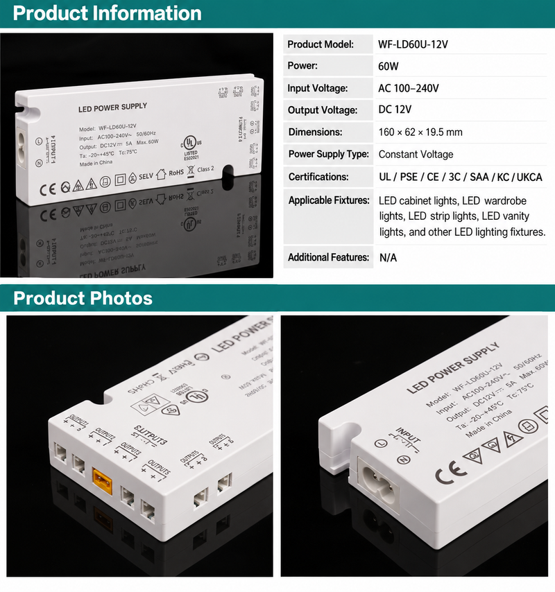 Chargez l'image dans la visionneuse de la galerie, [WF-LD40U-24V][24V/40W] Universal Cabinet Light Power Supply – Multi-Output LED Driver Transformer for Kitchen Cabinets, Cupboards &amp; Under Cabinet Lighting
