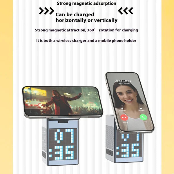 Load image into Gallery viewer, [Built-In Pixel Animation LCD] 6 in 1 Aluminum Stand Alarm Clock QI 15W MagSafe Wireless Charging Bluetooth Speaker Magnet Stand - Polar Tech Australia
