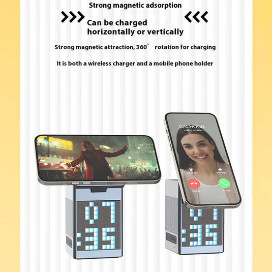 [Built-In Pixel Animation LCD] 6 in 1 Aluminum Stand Alarm Clock QI 15W MagSafe Wireless Charging Bluetooth Speaker Magnet Stand - Polar Tech Australia