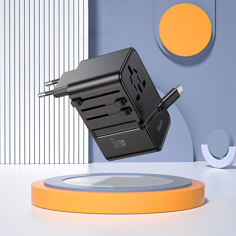 Load image into Gallery viewer, [AC18] HOCO Universal 4 Ports PD 35W Conversion charger with dual USB-A ports, AC socket and built-in Type-C cable Converter Wall Charger International Travelling Adapter - Polar Tech Australia
