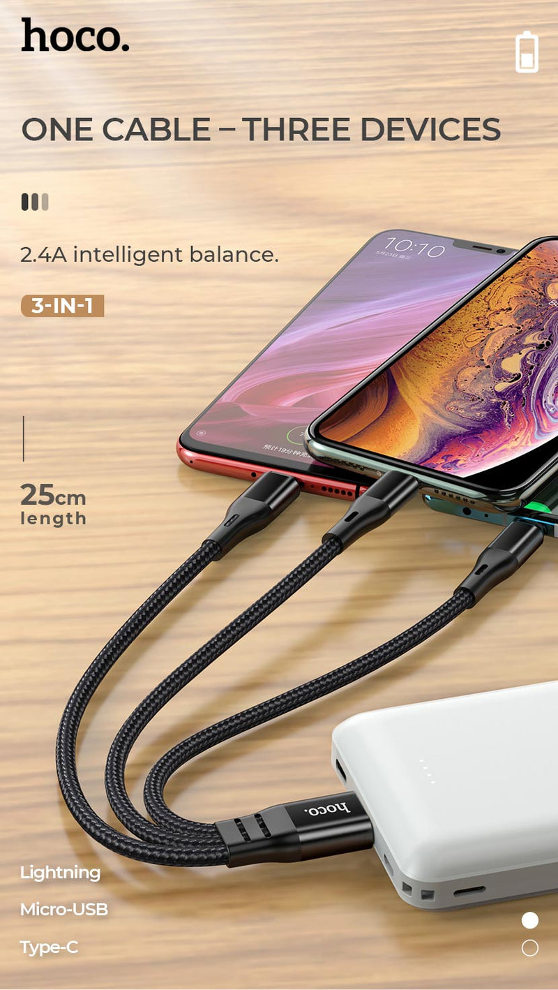 Load image into Gallery viewer, [X47][3 in 1][25CM Short][Heavy Duty] HOCO Universal Traveling Fast Charging Data Sync USB Cable For USB-C / Lightning / Micro Phone &amp; Tablet Device - Polar Tech Australia

