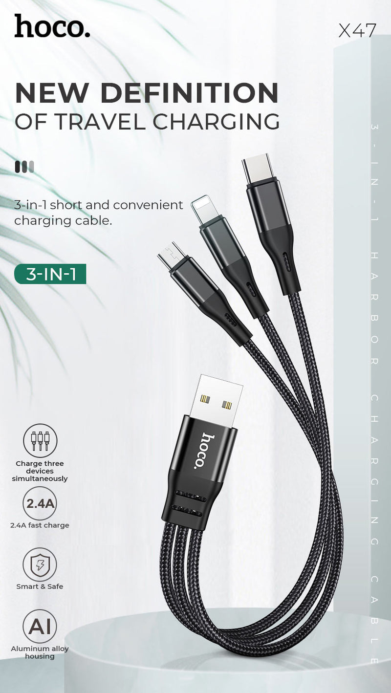 Load image into Gallery viewer, [X47][3 in 1][25CM Short][Heavy Duty] HOCO Universal Traveling Fast Charging Data Sync USB Cable For USB-C / Lightning / Micro Phone &amp; Tablet Device - Polar Tech Australia
