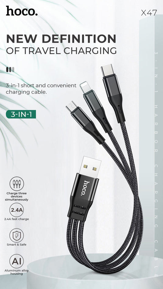 [X47][3 in 1][25CM Short][Heavy Duty] HOCO Universal Traveling Fast Charging Data Sync USB Cable For USB-C / Lightning / Micro Phone & Tablet Device - Polar Tech Australia