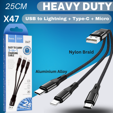 [X47][3 in 1][25CM Short][Heavy Duty] HOCO Universal Traveling Fast Charging Data Sync USB Cable For USB-C / Lightning / Micro Phone & Tablet Device - Polar Tech Australia
