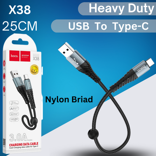 [X38][25CM Short][Heavy Duty][USB To Type-C] HOCO Universal Traveling Fast Charging USB Cable For USB-C Device - Polar Tech Australia