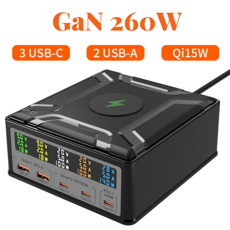 Chargez l'image dans la visionneuse de la galerie, [868D] Universal Phone Tablet Laptop MacBook 260W GaN PD+QC 5 Port USB Type-C Wall Charger Desktop Home Office Wireless Charging Station Power Adapter (AU Plug) - Polar Tech Australia
