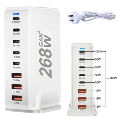 [268W GaN][SAA Approved] Universal Phone Tablet Laptop MaxBook PD+QC 8 Port USB Type-C Wall Charger Desktop Home Office Charging Station Power Adapter (AU Plug) - Polar Tech Australia