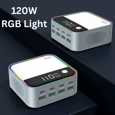 [120W GaN][RGB Light] Universal Phone Tablet Laptop MacBook PD+QC 8 Ports USB Type-C Wall Charger Desktop Home Office Charging Station Power Adapter (AU Plug) - Polar Tech Australia