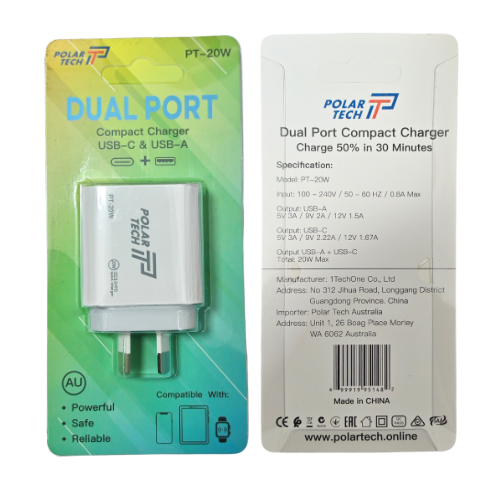 Load image into Gallery viewer, [PT-20W] 20W PD Type-C + QC 3.0 USB Dual Port Wall Travelling Charger Adapter -  (SAA Approved/AU Plug) - Polar Tech Australia
