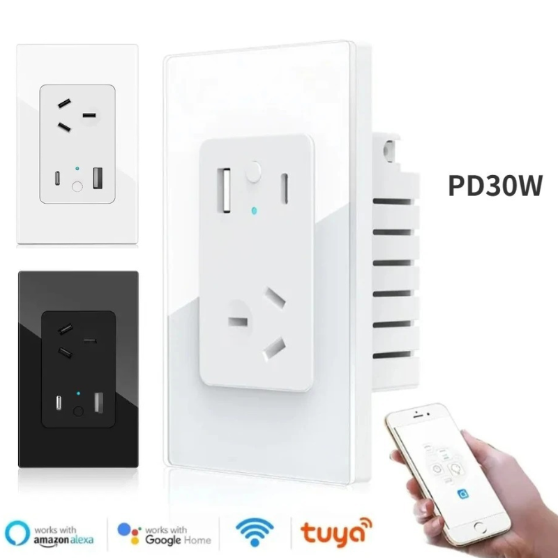 Cargue la imagen en el visor de la galería, [TUYA Smart Home] TUYA WiFi Smart 10A Wall Power Socket Outlet Glass Panel 1 Plug With 1 x USB &amp; 1 x PD 30W Port - Polar Tech Australia
