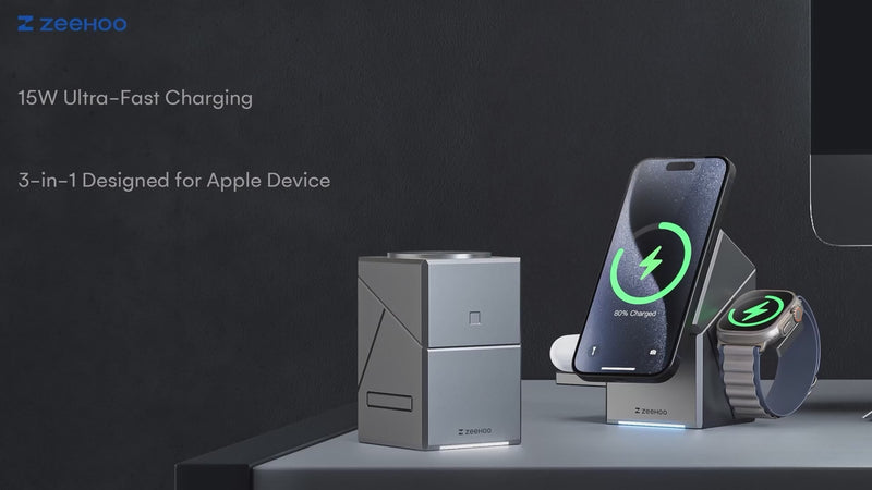 Cargar y reproducir video en Gallery Viewer, 3 in 1 Wireless Charging Station for Apple MagSafe Charger Stand, Qi2 Wireless Charger,15W Magnetic Charger Dock for iPhone 16,15,14,13,12, for Apple Watch,AirPods
