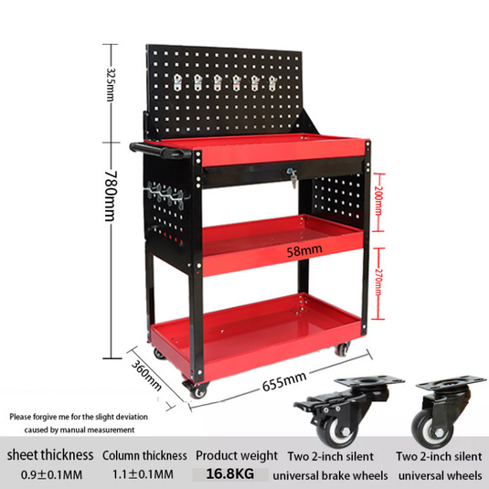 [With Drawer] Heavy Duty 3 Tiers + 1 Drawer Metal Tool Trolley Cart With Pegboard Hooks Workshop Tool Storage Push Trolleys